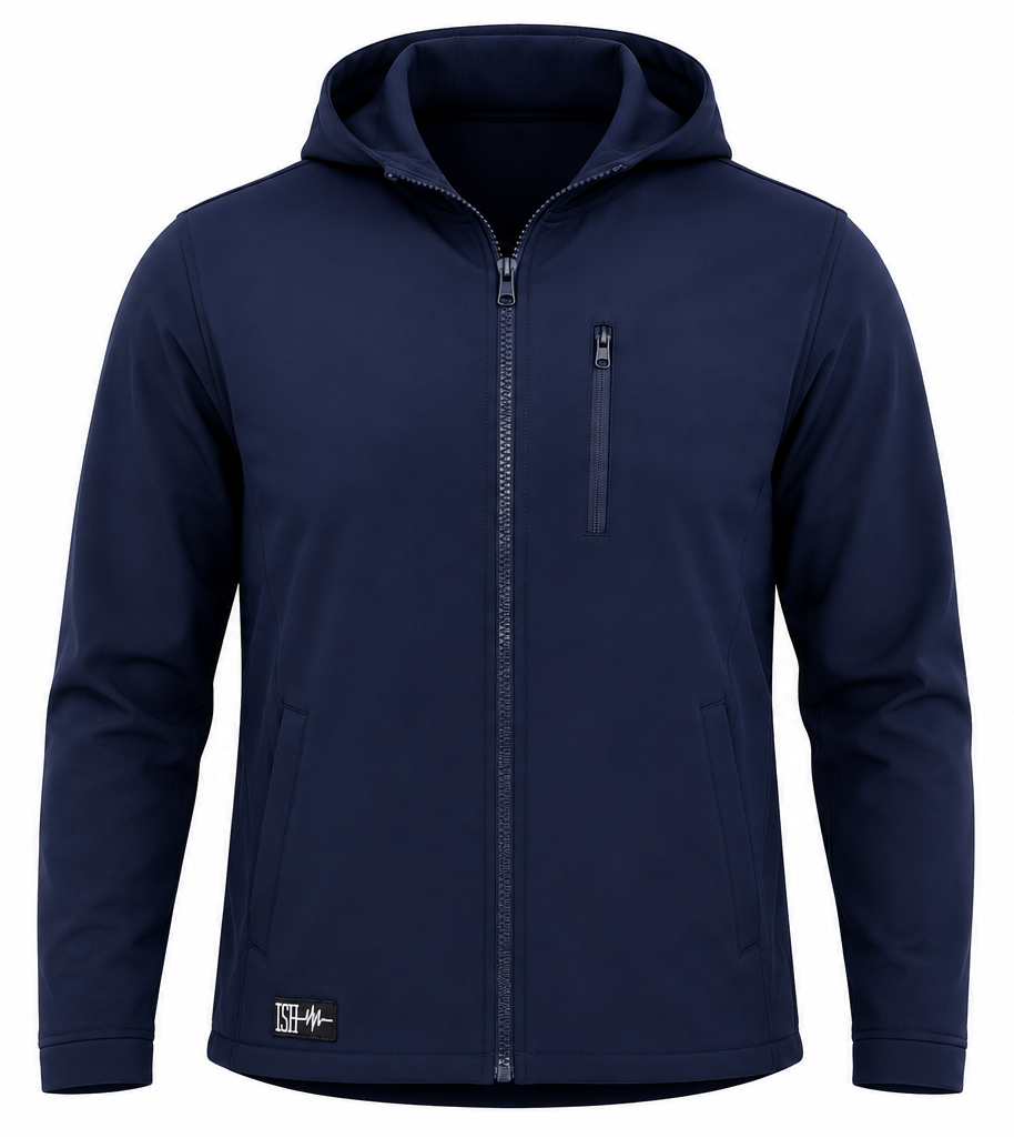 Chamarra Softshell Navy impermeable para hombre vista frontal con gorro