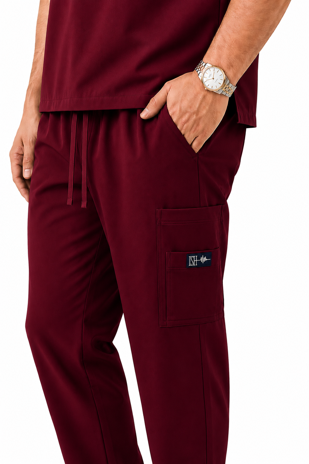 Detalle del pantalón scrub Burgundy color vino para caballero.