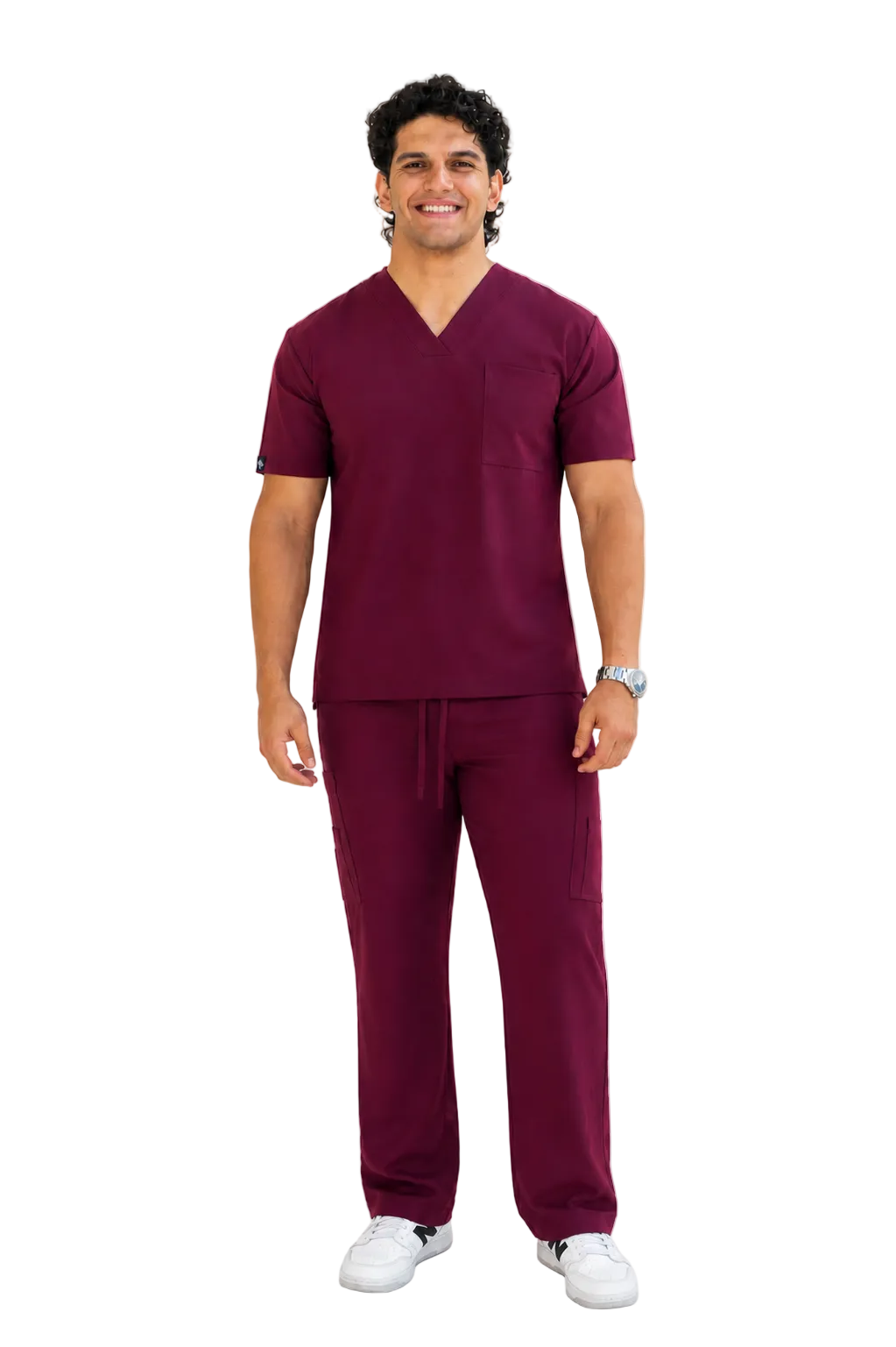 Doctor usando scrub Burgundy color vino para caballero de ISH Outfitters con diseño funcional, tela premium y máxima comodidad.