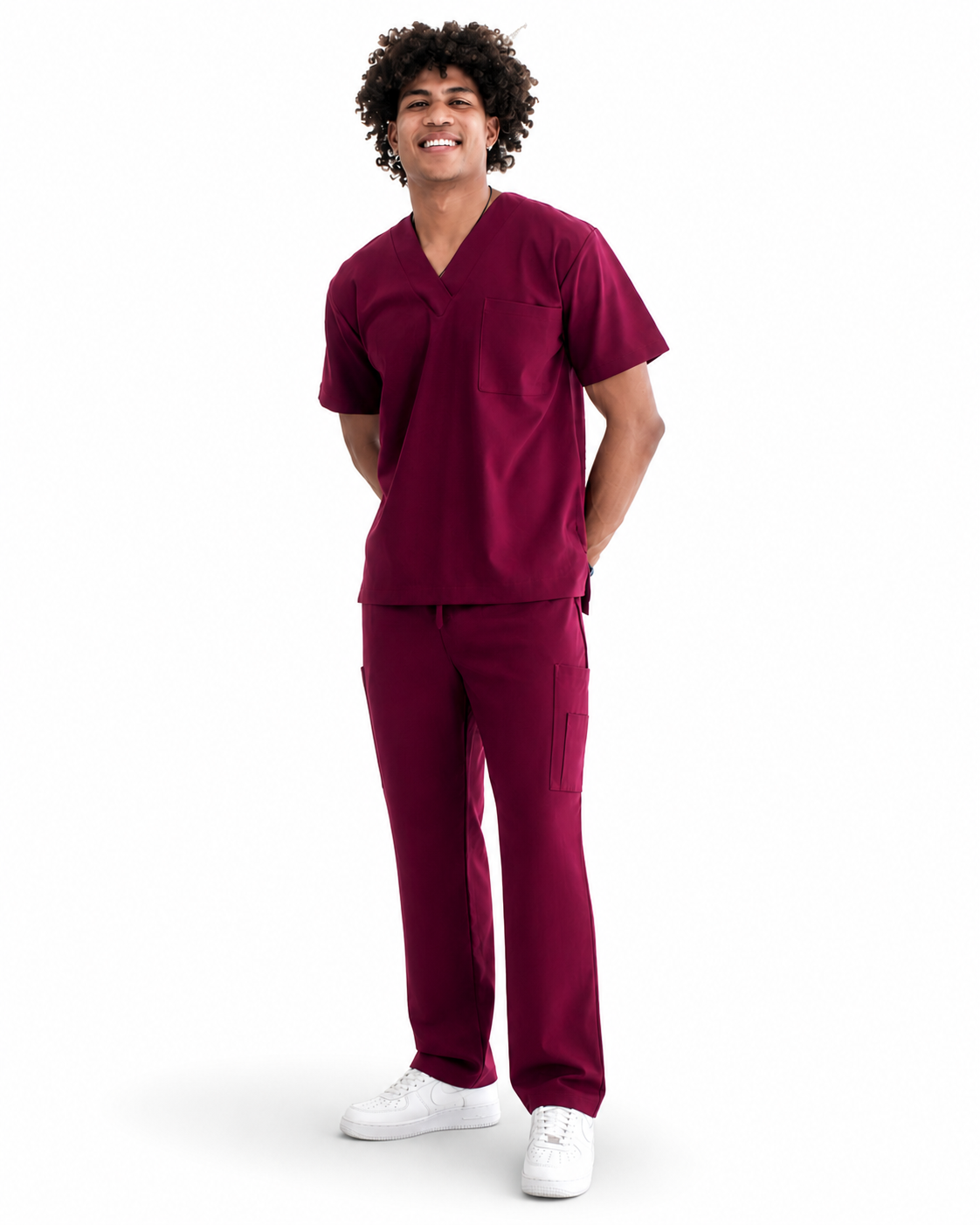 Uniforme médico Burgundy para caballero de ISH Outfitters con ajuste ergonómico y movilidad para el trabajo clínico diario.